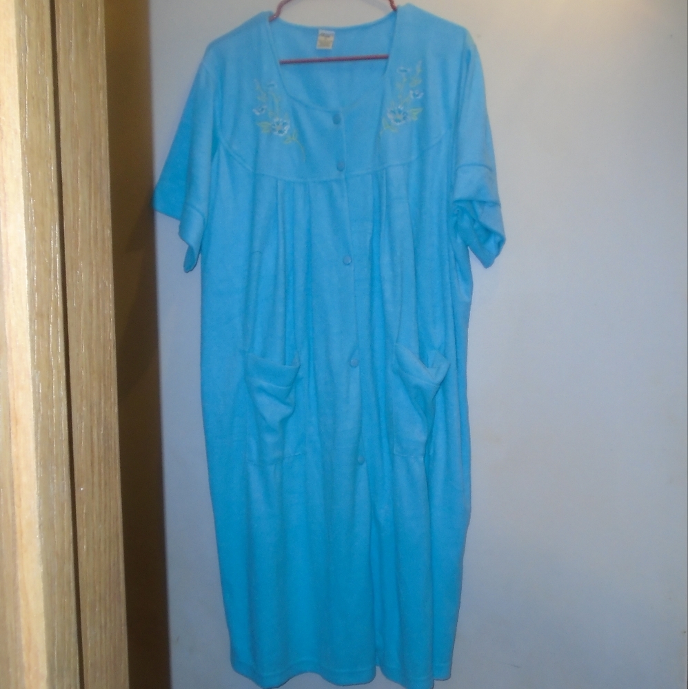 Vintage Argee Blue Snap Front House Dress Night Gown Duster XL